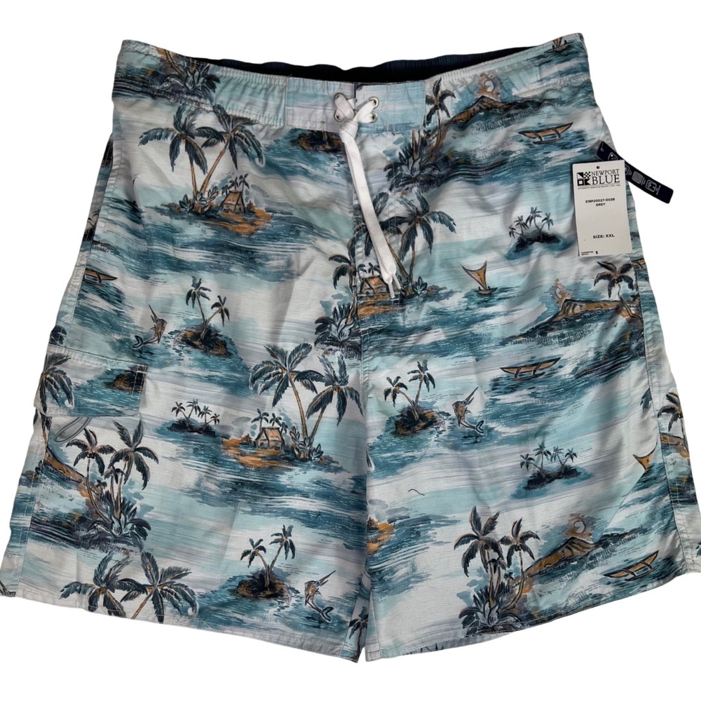 Newport Blue‎ Mens XXL Swim Trunks Tropical Island Print Board Shorts Grey Blue